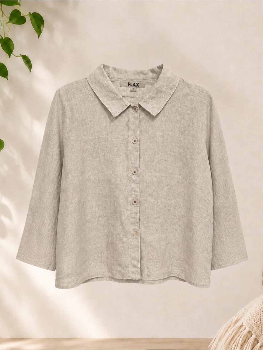 Flax 100% Linen three-Quarter Sleeve Shirt -Small NWOT
